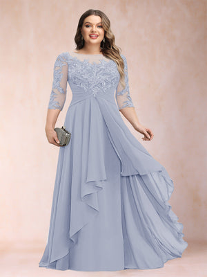 A-Line/Princess Scoop 3/4 Sleeves Chiffon Plus Size Mother of the Bride Dresses with Appliques & Ruffles