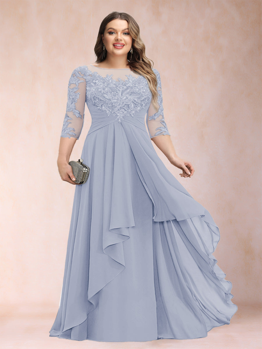 A-Line/Princess Scoop 3/4 Sleeves Chiffon Plus Size Mother of the Bride Dresses with Appliques & Ruffles