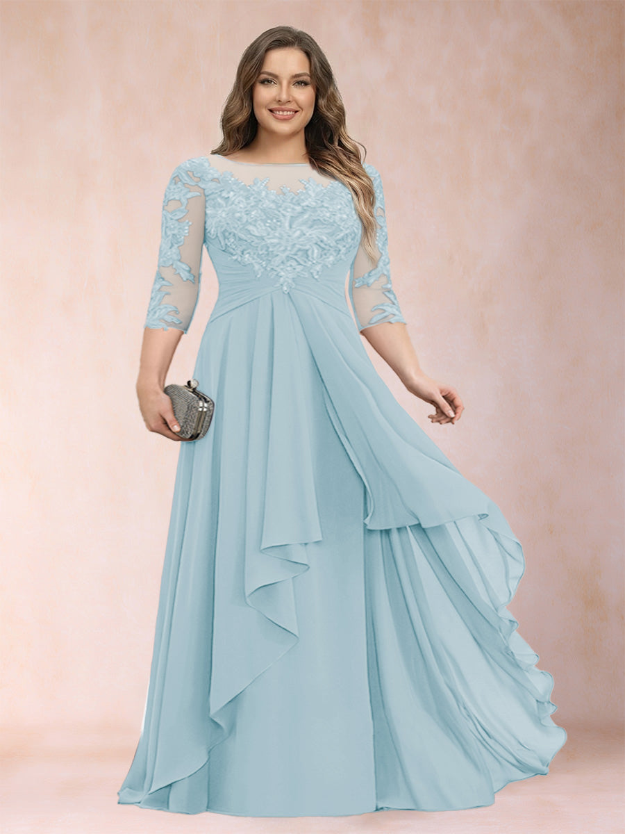 A-Line/Princess Scoop 3/4 Sleeves Chiffon Plus Size Mother of the Bride Dresses with Appliques &amp; Ruffles