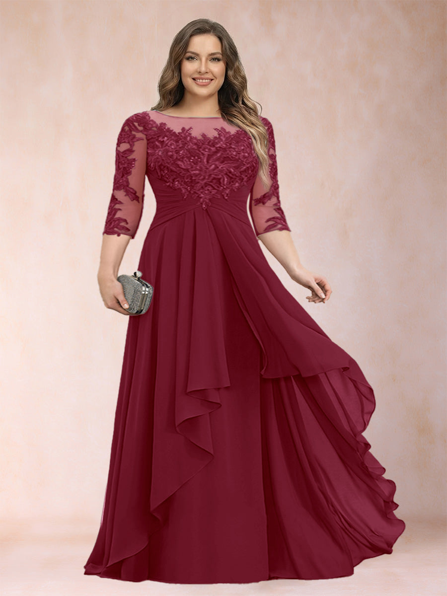 A-Line/Princess Scoop 3/4 Sleeves Chiffon Plus Size Mother of the Bride Dresses with Appliques &amp; Ruffles