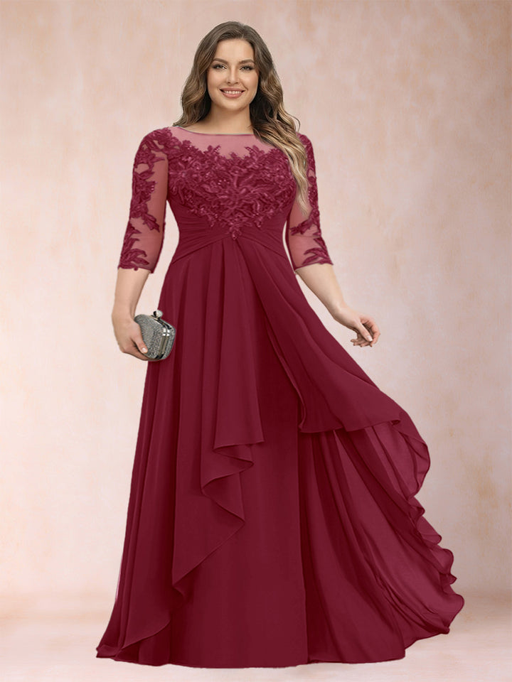A-Line/Princess Scoop 3/4 Sleeves Chiffon Plus Size Mother of the Bride Dresses with Appliques &amp; Ruffles