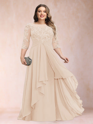 A-Line/Princess Scoop 3/4 Sleeves Chiffon Plus Size Mother of the Bride Dresses with Appliques & Ruffles