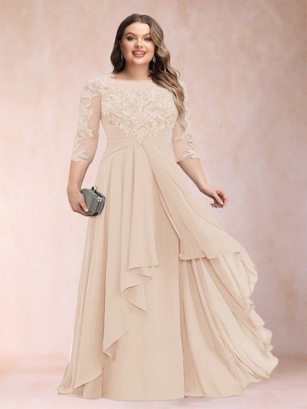 A-Line/Princess Scoop 3/4 Sleeves Chiffon Plus Size Mother of the Bride Dresses with Appliques & Ruffles