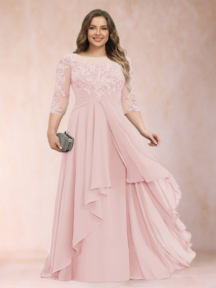 A-Line/Princess Scoop 3/4 Sleeves Chiffon Plus Size Mother of the Bride Dresses with Appliques & Ruffles