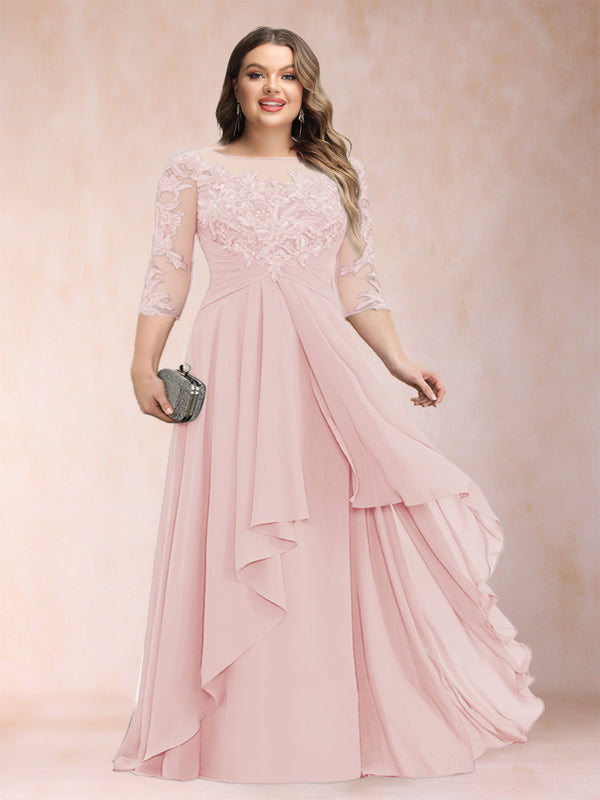 A-Line/Princess Scoop 3/4 Sleeves Chiffon Plus Size Mother of the Bride Dresses with Appliques & Ruffles