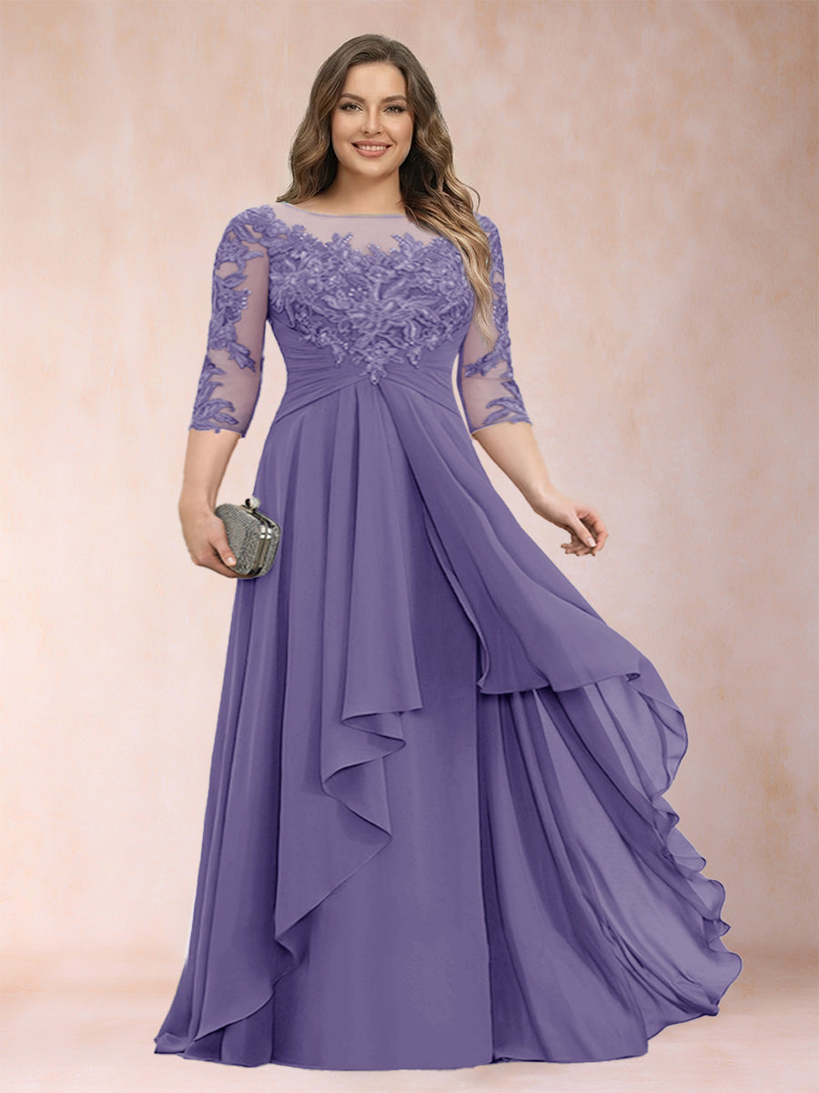 A-Line/Princess Scoop 3/4 Sleeves Chiffon Plus Size Mother of the Bride Dresses with Appliques & Ruffles