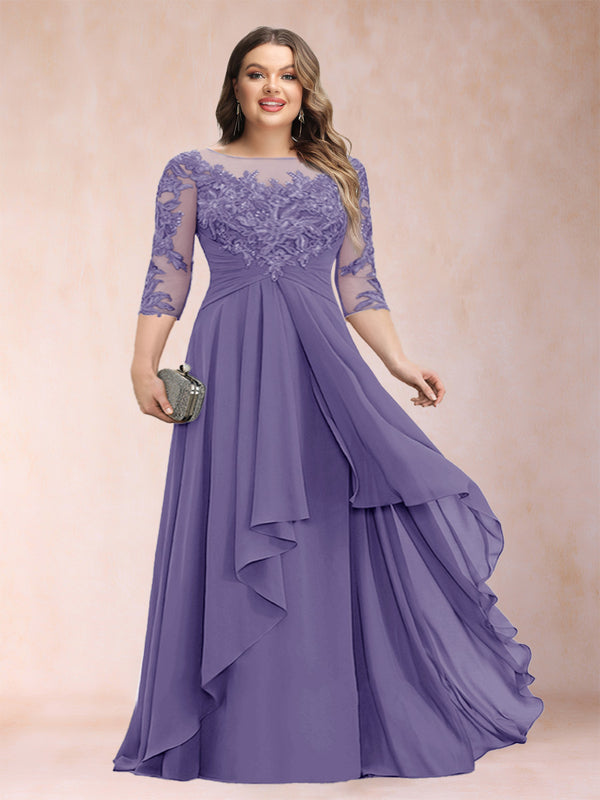 A-Line/Princess Scoop 3/4 Sleeves Chiffon Plus Size Mother of the Bride Dresses with Appliques & Ruffles