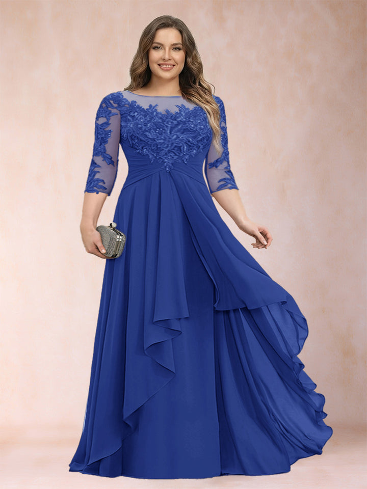 A-Line/Princess Scoop 3/4 Sleeves Chiffon Plus Size Mother of the Bride Dresses with Appliques &amp; Ruffles