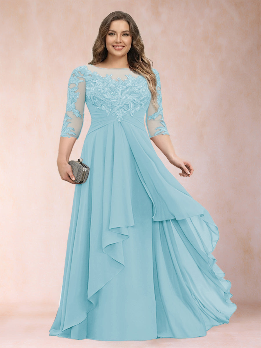 A-Line/Princess Scoop 3/4 Sleeves Chiffon Plus Size Mother of the Bride Dresses with Appliques &amp; Ruffles
