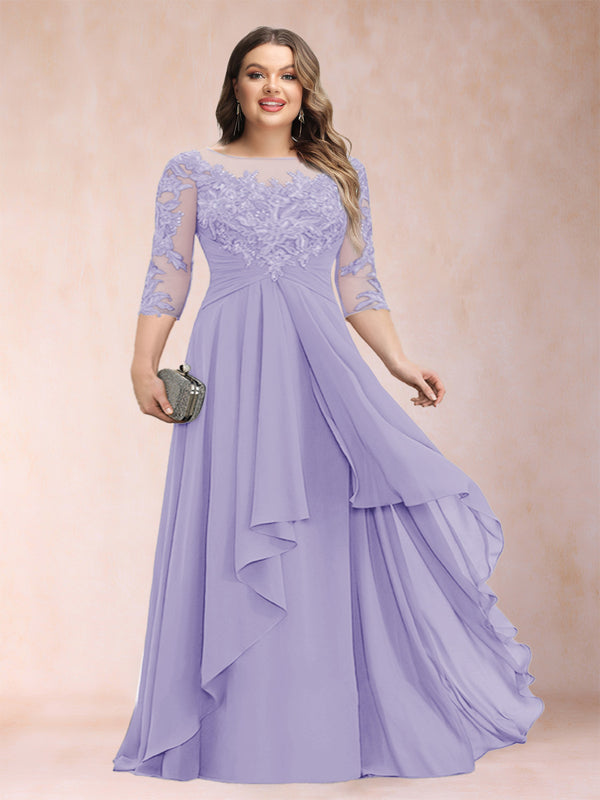 A-Line/Princess Scoop 3/4 Sleeves Chiffon Plus Size Mother of the Bride Dresses with Appliques & Ruffles