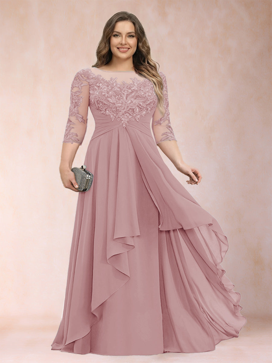 A-Line/Princess Scoop 3/4 Sleeves Chiffon Plus Size Mother of the Bride Dresses with Appliques & Ruffles