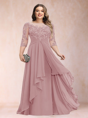 A-Line/Princess Scoop 3/4 Sleeves Chiffon Plus Size Mother of the Bride Dresses with Appliques & Ruffles