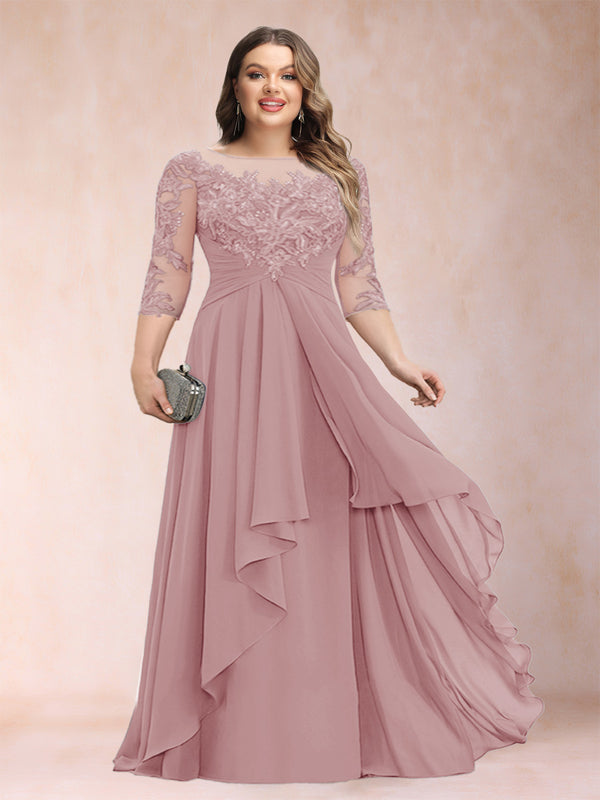 A-Line/Princess Scoop 3/4 Sleeves Chiffon Plus Size Mother of the Bride Dresses with Appliques & Ruffles