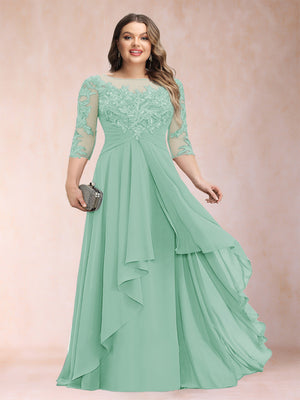 A-Line/Princess Scoop 3/4 Sleeves Chiffon Plus Size Mother of the Bride Dresses with Appliques & Ruffles