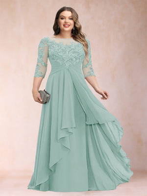 A-Line/Princess Scoop 3/4 Sleeves Chiffon Plus Size Mother of the Bride Dresses with Appliques & Ruffles