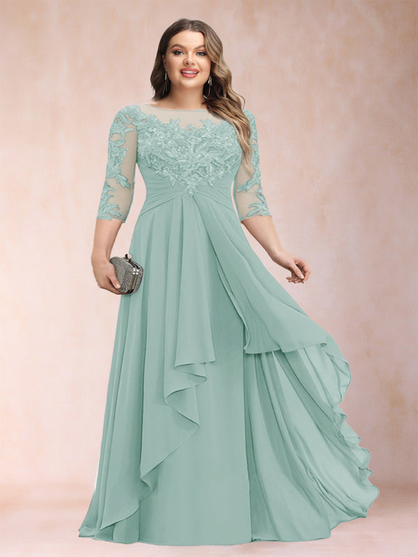 A-Line/Princess Scoop 3/4 Sleeves Chiffon Plus Size Mother of the Bride Dresses with Appliques & Ruffles