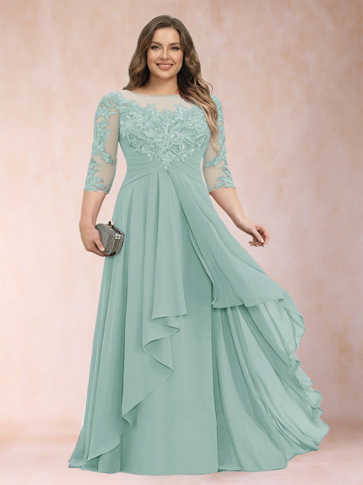 A-Line/Princess Scoop 3/4 Sleeves Chiffon Plus Size Mother of the Bride Dresses with Appliques &amp; Ruffles