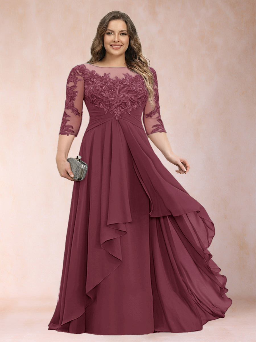 A-Line/Princess Scoop 3/4 Sleeves Chiffon Plus Size Mother of the Bride Dresses with Appliques &amp; Ruffles