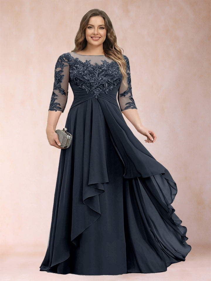 A-Line/Princess Scoop 3/4 Sleeves Chiffon Plus Size Mother of the Bride Dresses with Appliques &amp; Ruffles