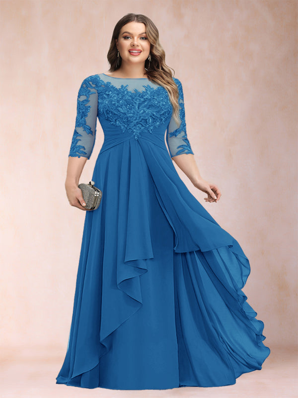 A-Line/Princess Scoop 3/4 Sleeves Chiffon Plus Size Mother of the Bride Dresses with Appliques & Ruffles