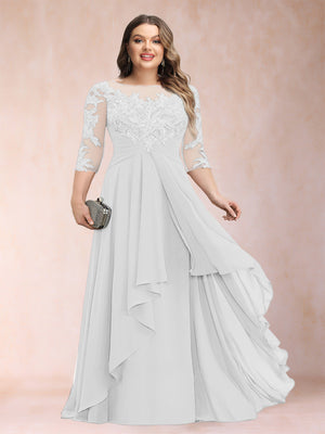 A-Line/Princess Scoop 3/4 Sleeves Chiffon Plus Size Mother of the Bride Dresses with Appliques & Ruffles