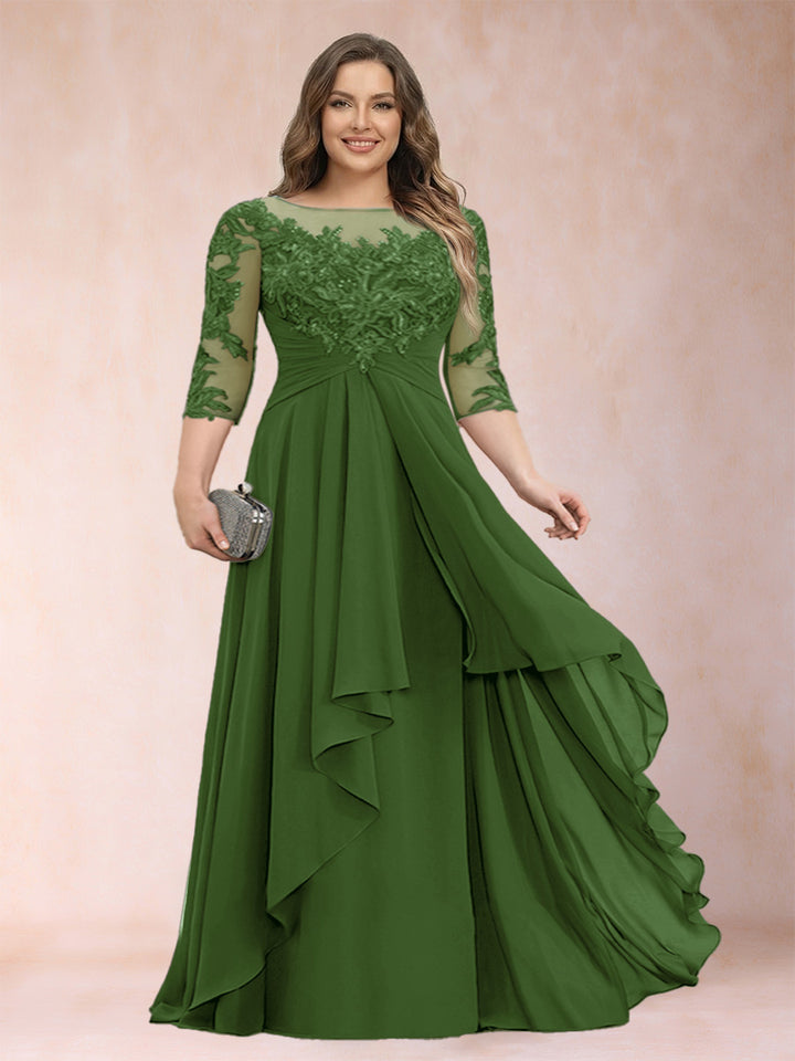 A-Line/Princess Scoop 3/4 Sleeves Chiffon Plus Size Mother of the Bride Dresses with Appliques &amp; Ruffles