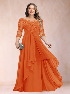 A-Line/Princess Scoop 3/4 Sleeves Chiffon Plus Size Mother of the Bride Dresses with Appliques & Ruffles
