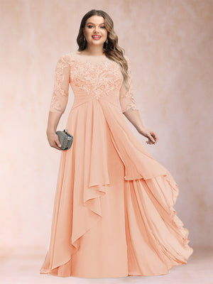 A-Line/Princess Scoop 3/4 Sleeves Chiffon Plus Size Mother of the Bride Dresses with Appliques & Ruffles