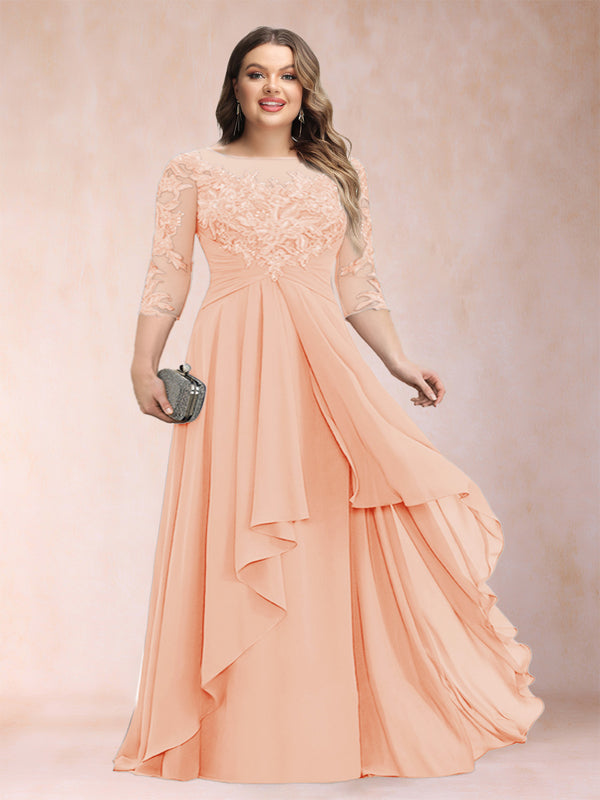 A-Line/Princess Scoop 3/4 Sleeves Chiffon Plus Size Mother of the Bride Dresses with Appliques & Ruffles
