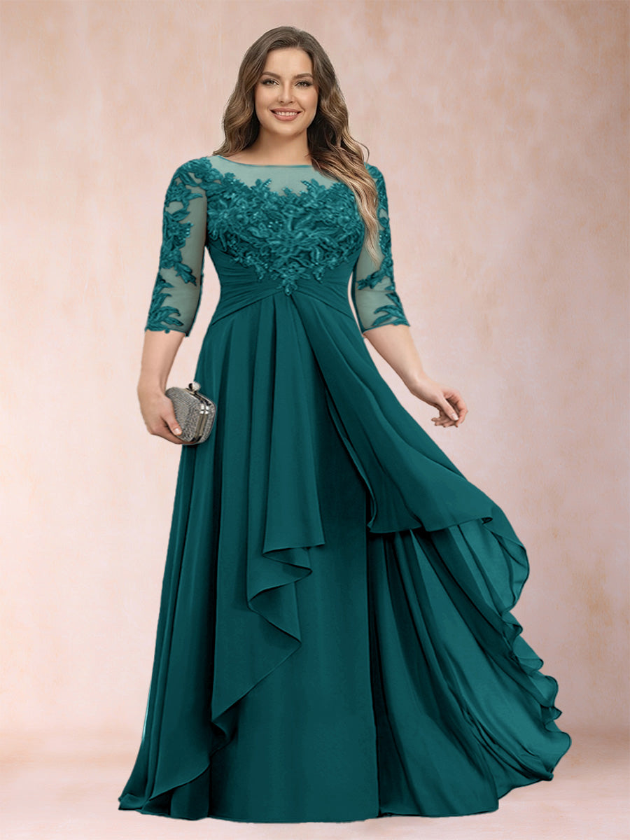 Lavetir Peacock A-Line/Princess Scoop 3/4 Sleeves Chiffon Plus Size Mother of the Bride Dresses with Appliques & Ruffles 2026