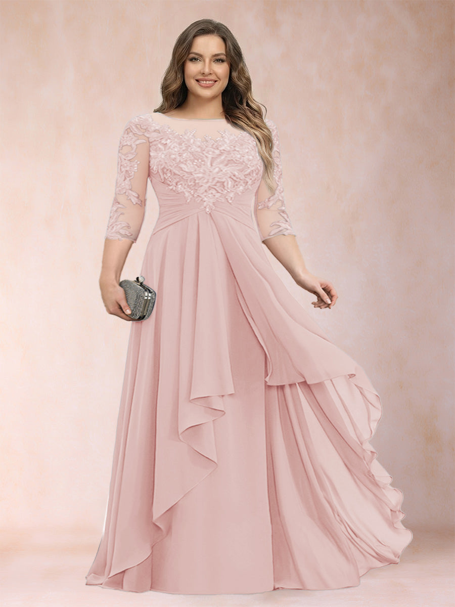 A-Line/Princess Scoop 3/4 Sleeves Chiffon Plus Size Mother of the Bride Dresses with Appliques &amp; Ruffles