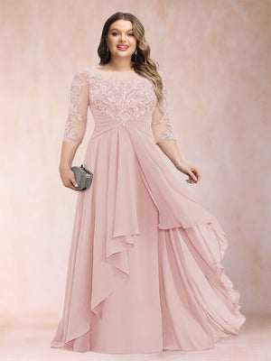 A-Line/Princess Scoop 3/4 Sleeves Chiffon Plus Size Mother of the Bride Dresses with Appliques & Ruffles