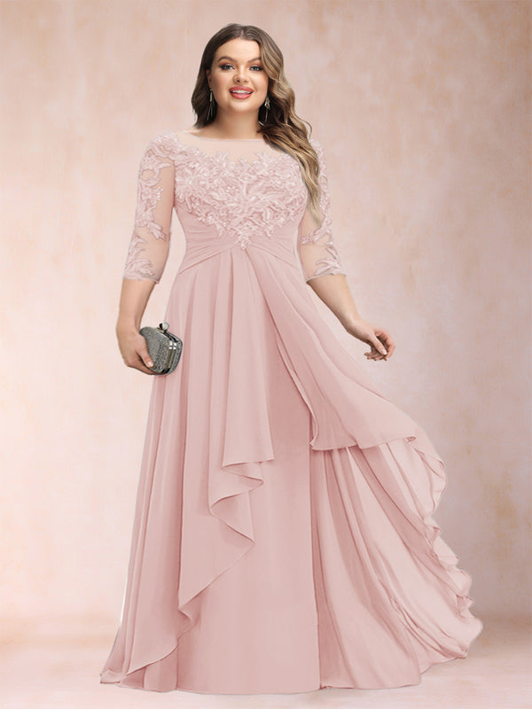 A-Line/Princess Scoop 3/4 Sleeves Chiffon Plus Size Mother of the Bride Dresses with Appliques & Ruffles