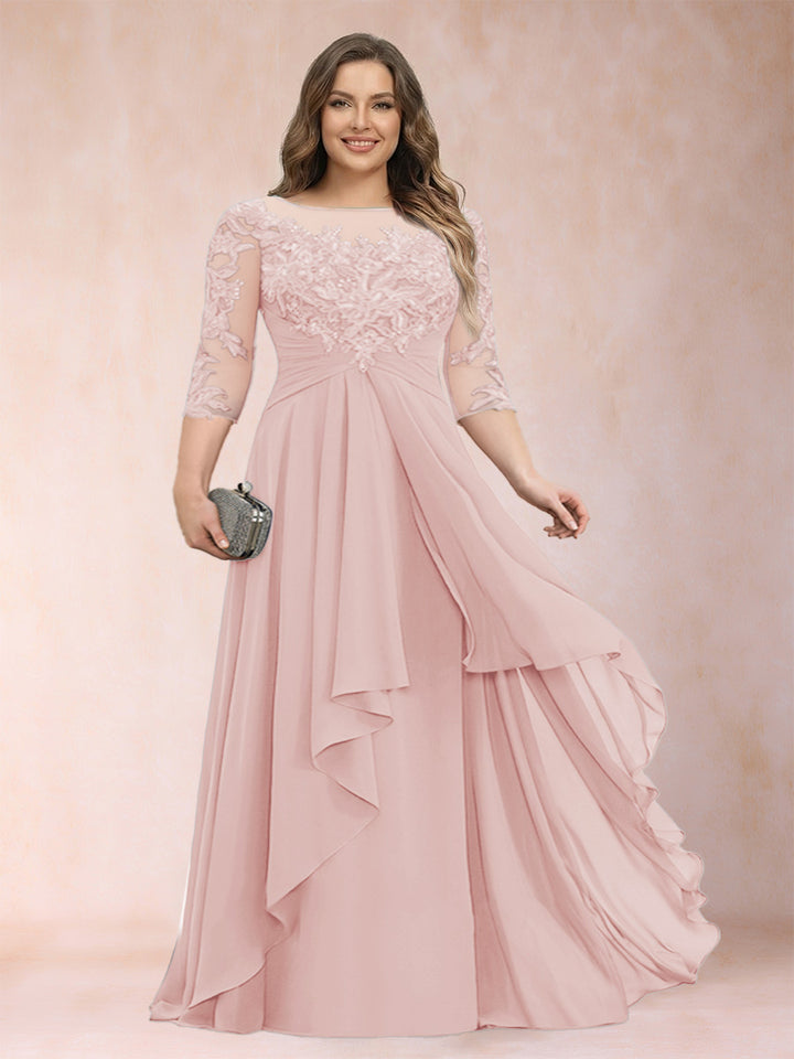 A-Line/Princess Scoop 3/4 Sleeves Chiffon Plus Size Mother of the Bride Dresses with Appliques &amp; Ruffles