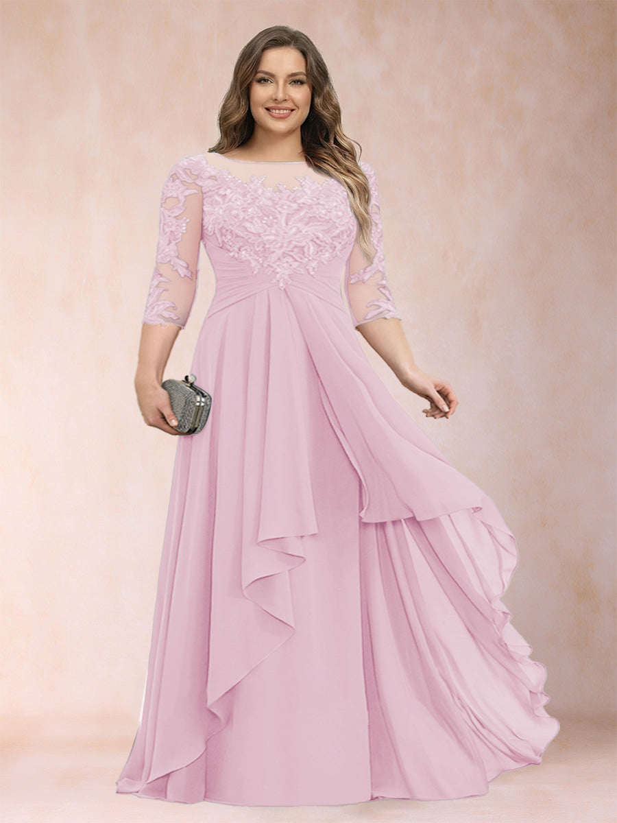A-Line/Princess Scoop 3/4 Sleeves Chiffon Plus Size Mother of the Bride Dresses with Appliques & Ruffles