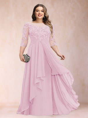 A-Line/Princess Scoop 3/4 Sleeves Chiffon Plus Size Mother of the Bride Dresses with Appliques & Ruffles