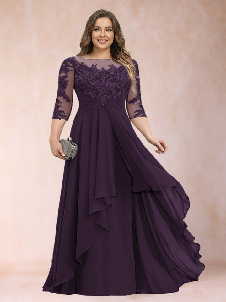 A-Line/Princess Scoop 3/4 Sleeves Chiffon Plus Size Mother of the Bride Dresses with Appliques &amp; Ruffles