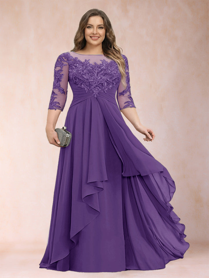 A-Line/Princess Scoop 3/4 Sleeves Chiffon Plus Size Mother of the Bride Dresses with Appliques &amp; Ruffles