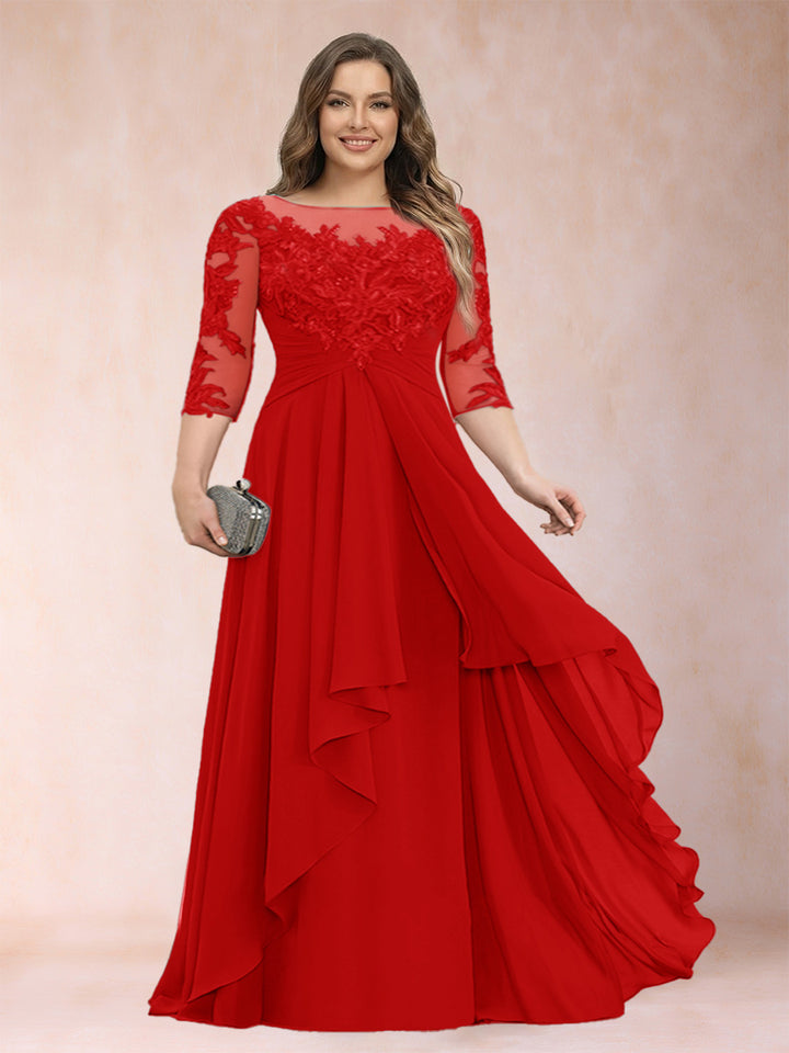 A-Line/Princess Scoop 3/4 Sleeves Chiffon Plus Size Mother of the Bride Dresses with Appliques &amp; Ruffles