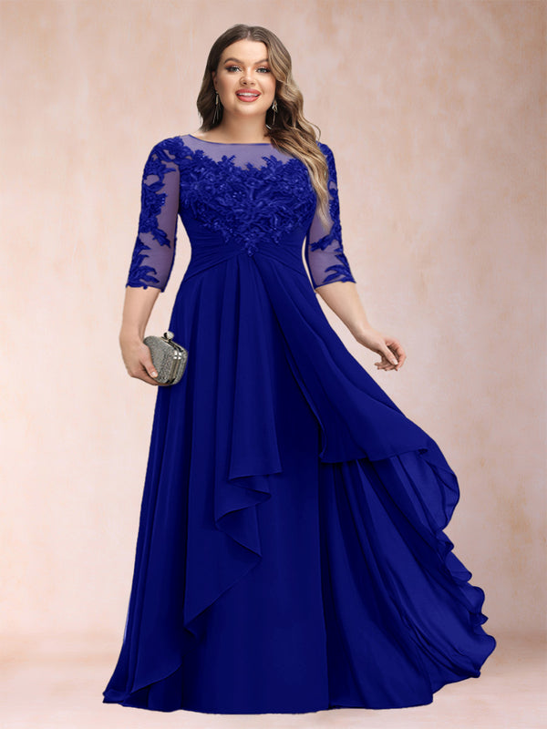 A-Line/Princess Scoop 3/4 Sleeves Chiffon Plus Size Mother of the Bride Dresses with Appliques & Ruffles