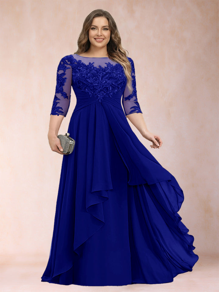 A-Line/Princess Scoop 3/4 Sleeves Chiffon Plus Size Mother of the Bride Dresses with Appliques &amp; Ruffles