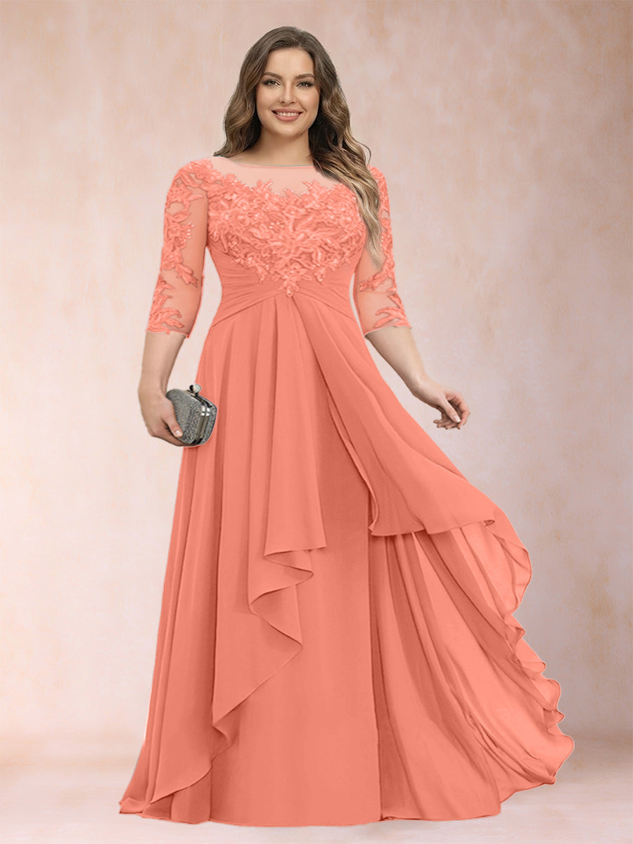A-Line/Princess Scoop 3/4 Sleeves Chiffon Plus Size Mother of the Bride Dresses with Appliques &amp; Ruffles