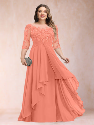 A-Line/Princess Scoop 3/4 Sleeves Chiffon Plus Size Mother of the Bride Dresses with Appliques & Ruffles