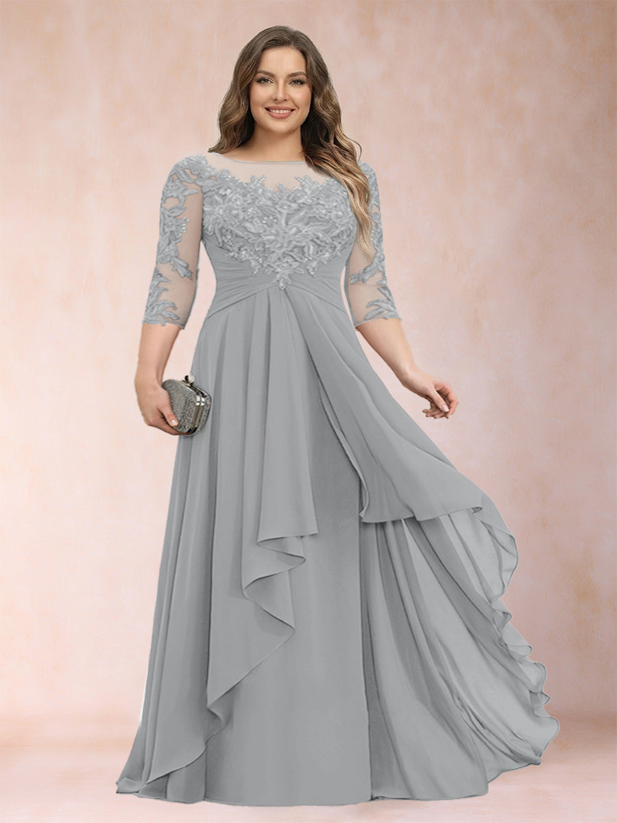 A-Line/Princess Scoop 3/4 Sleeves Chiffon Plus Size Mother of the Bride Dresses with Appliques &amp; Ruffles