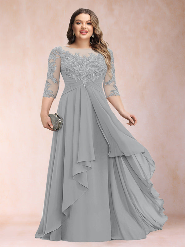 A-Line/Princess Scoop 3/4 Sleeves Chiffon Plus Size Mother of the Bride Dresses with Appliques & Ruffles