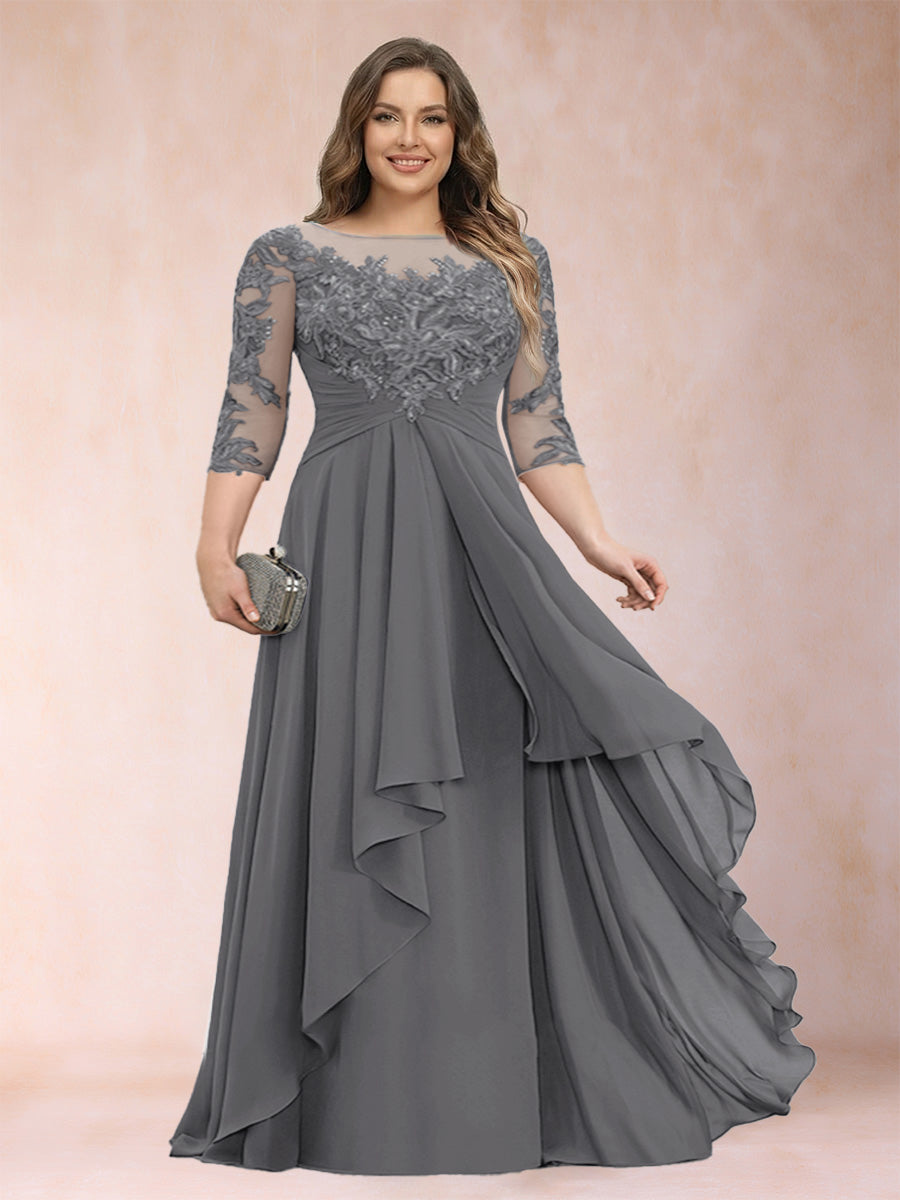 A-Line/Princess Scoop 3/4 Sleeves Chiffon Plus Size Mother of the Bride Dresses with Appliques &amp; Ruffles