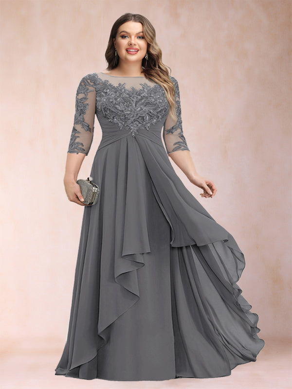 A-Line/Princess Scoop 3/4 Sleeves Chiffon Plus Size Mother of the Bride Dresses with Appliques & Ruffles