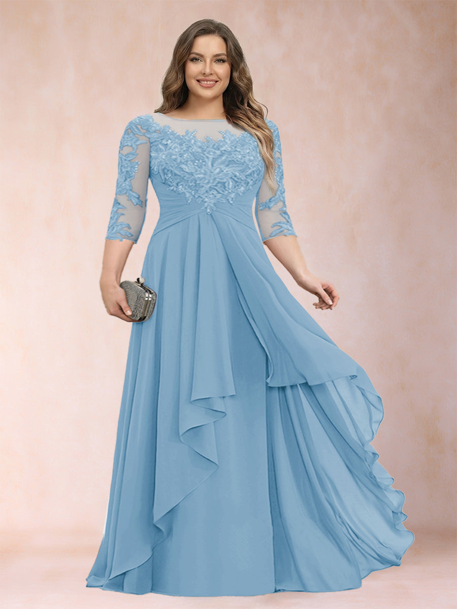 A-Line/Princess Scoop 3/4 Sleeves Chiffon Plus Size Mother of the Bride Dresses with Appliques &amp; Ruffles
