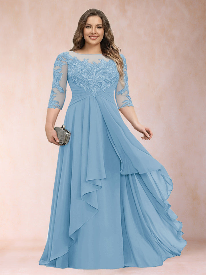 A-Line/Princess Scoop 3/4 Sleeves Chiffon Plus Size Mother of the Bride Dresses with Appliques &amp; Ruffles