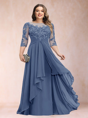A-Line/Princess Scoop 3/4 Sleeves Chiffon Plus Size Mother of the Bride Dresses with Appliques & Ruffles